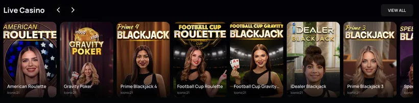 ZumbaCards Live Casino row showing Iconic21 American Roulette, Gravity Poker and Prime Blackjack tables with live dealers