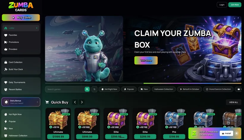 ZumbaCards lobby with a Buy Coins button and sidebar links for Card Collection, Build Your Deck and Daily Tournaments