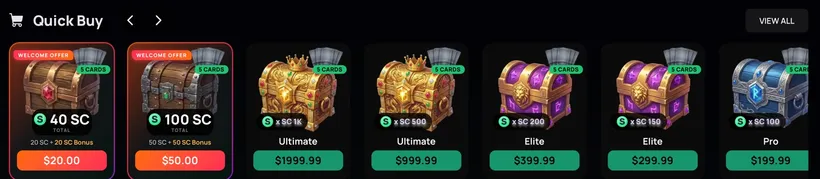 ZumbaCards Quick Buy carousel with $20 and $50 welcome offers followed by Ultimate, Elite and Pro chests