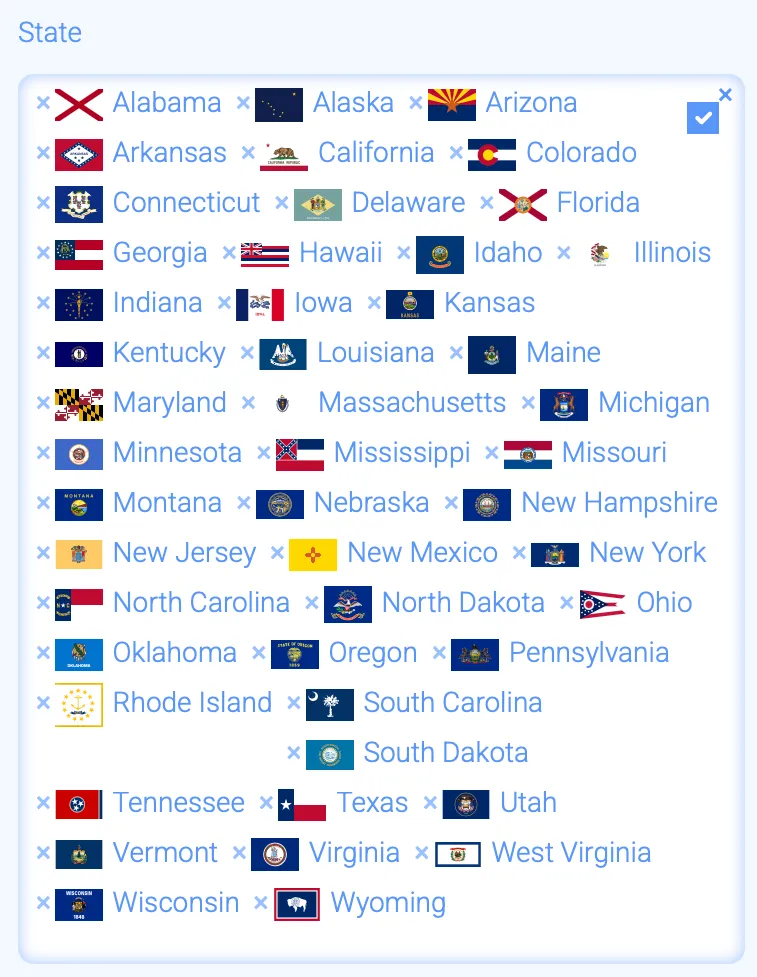 ZumbaCards state picker with 48 state flags from Alabama to Wyoming