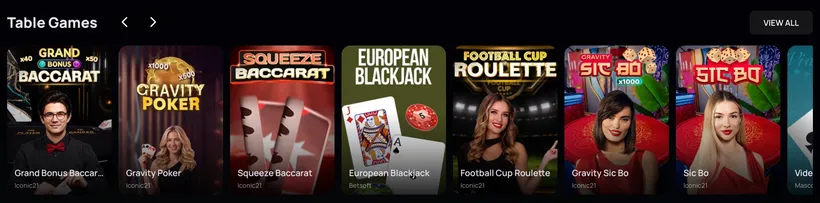 ZumbaCards Table Games row with Grand Bonus Baccarat, Gravity Poker, Squeeze Baccarat, European Blackjack and Sic Bo