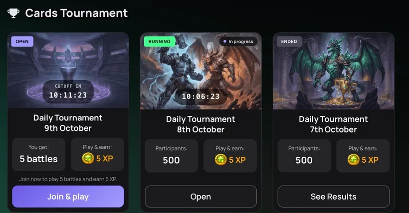 ZumbaCards Cards Tournament panel with open, running and ended daily tournaments, each showing 500 participants and 5 XP