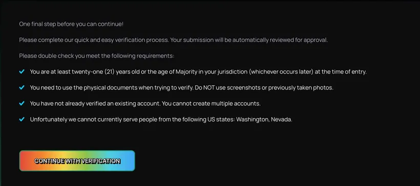 The ZumbaCards verification notice listing the 21+ rule, the physical ID rule, the one-account rule and the Nevada and Washington block